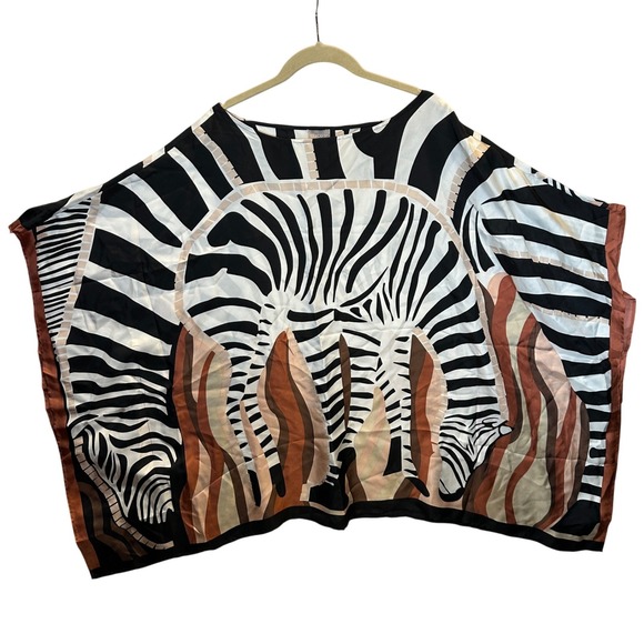 Chico's Tops - Chico's Silk Zebra Print Kaftan Top Black Brown White L/XL Poncho Blouse